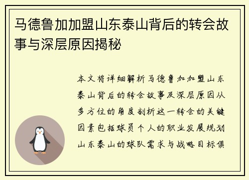 马德鲁加加盟山东泰山背后的转会故事与深层原因揭秘
