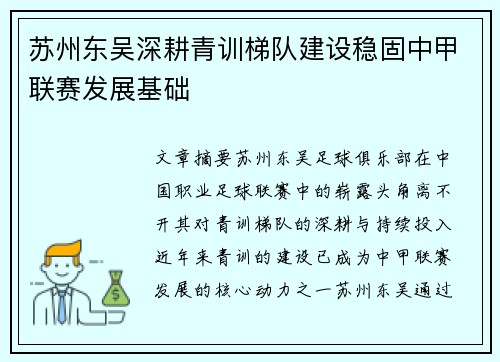 苏州东吴深耕青训梯队建设稳固中甲联赛发展基础 苏州东吴深耕青训梯队建设稳固中甲联赛发展基础
